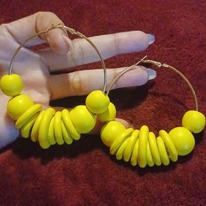 💛Large Yellow Wooden Loops n Ball Shaped Fashion Earrings💛 OSFM